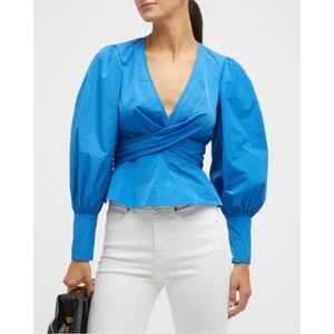 Veronica Beard Seema Wrap-Effect Taffeta Blouse Azure Blue
